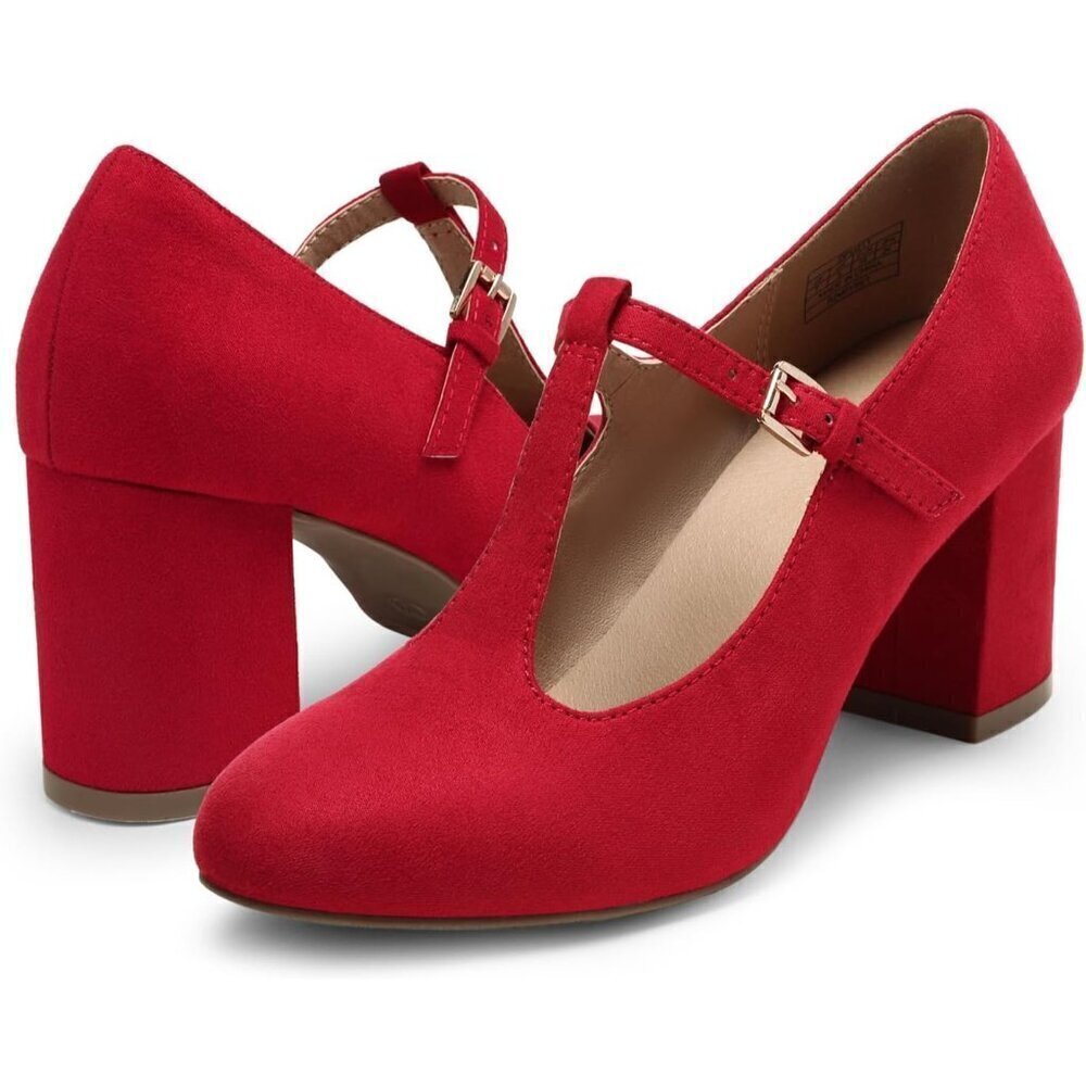 Low Chunky Heels for Women T-Strap Pumps Closed Toe  Wedding Dress Shoes - Picture 3 of 5